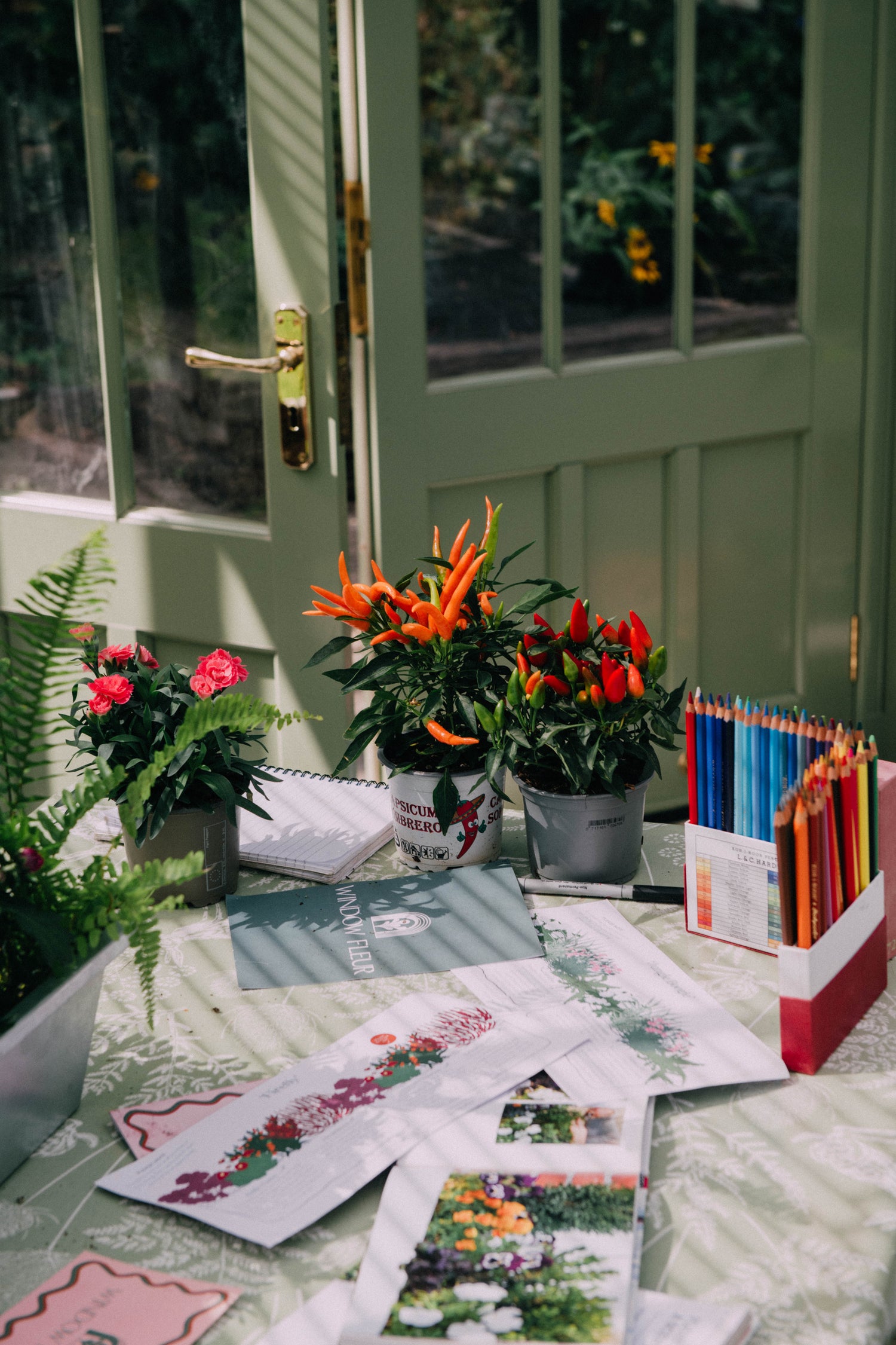Pink and orange flowers on a table with drawings of flowers and colouring pencils