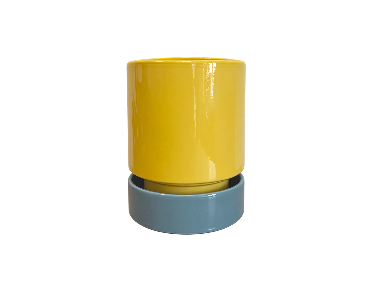 Yellow Bergs Hoff Pot with Blue Saucer