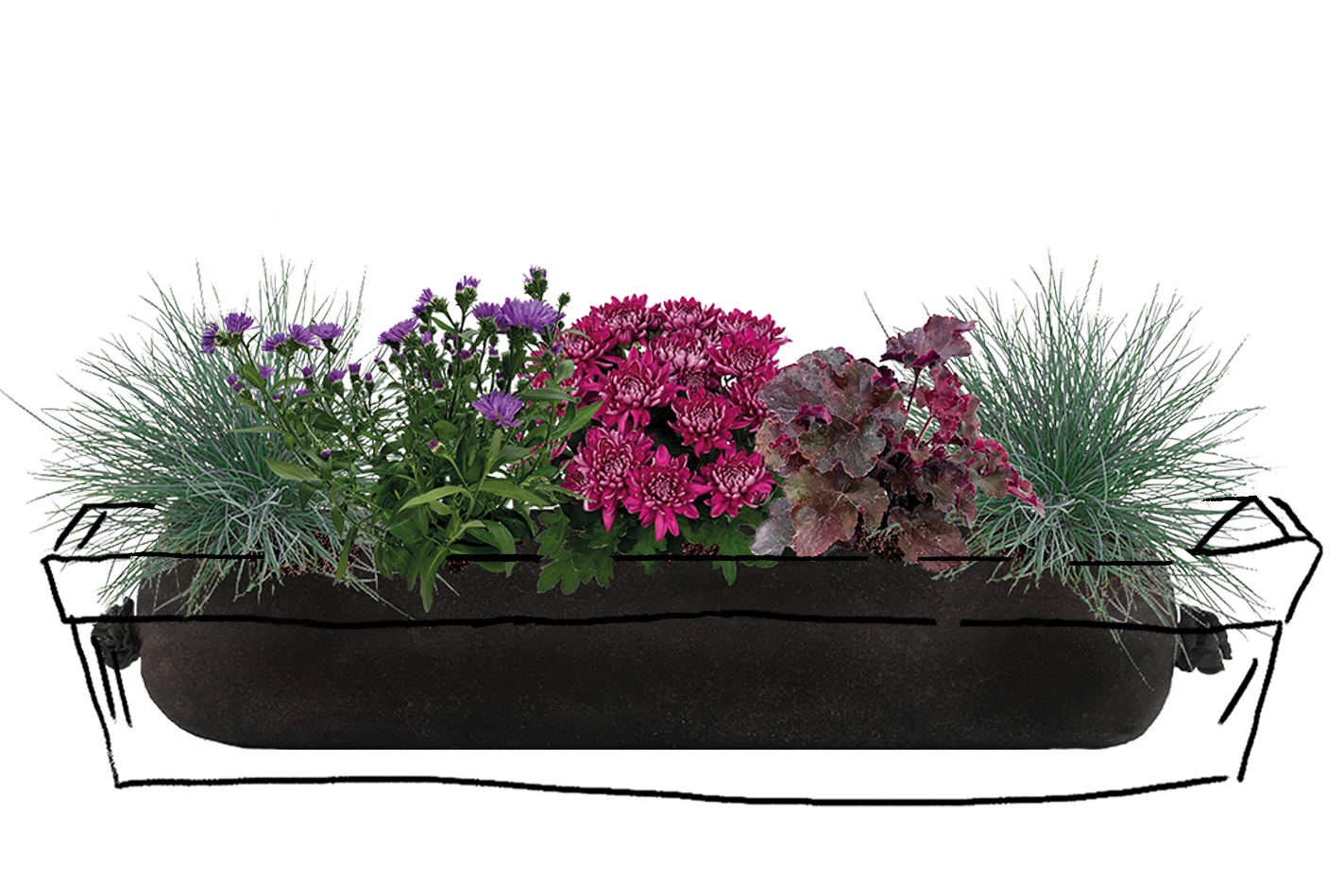 Decorative planter with flowers and greenery on a white background