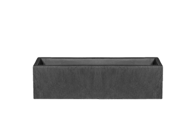 A medium sized black, rectangular, heavyweight polystone planter designed for window sill placement.