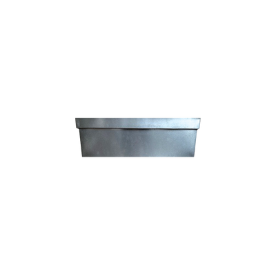 A silver metal window box for plants.