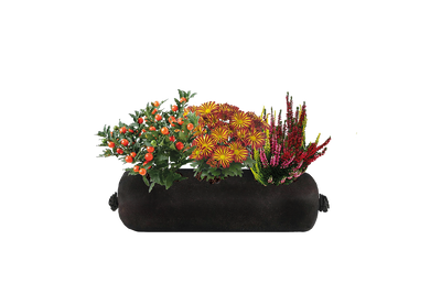 Black fabric planter with colorful flowers on a white background