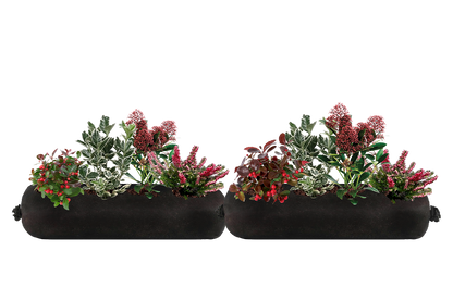 Two black fabric planters with green and red plants on a white background