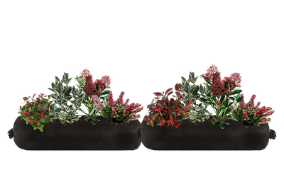 Two black fabric planters with green and red plants on a white background