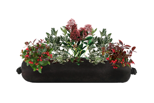 Decorative planter with greenery and red berries on a white background