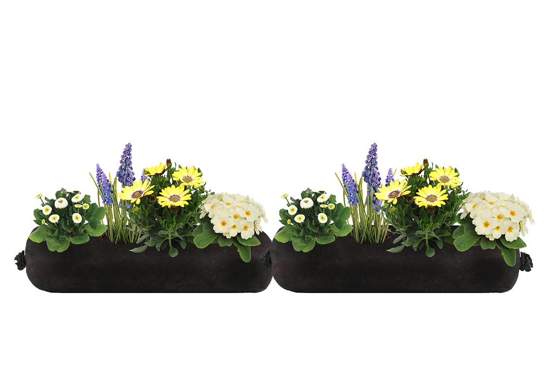 A pair of two black fabric planter inserts with white, yellow and purple flowers on a white background.