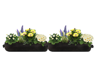 A pair of two black fabric planter inserts with white, yellow and purple flowers on a white background.