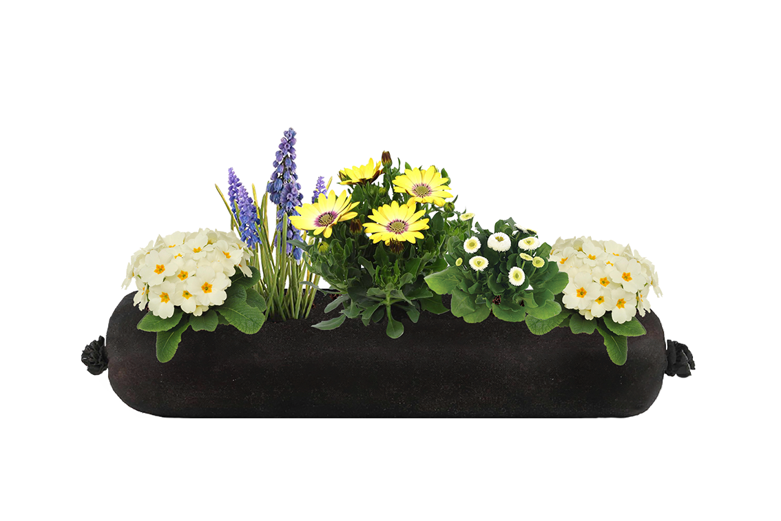 Decorative white, yellow and purple flower arrangement in a black fabric planter insert on a white background