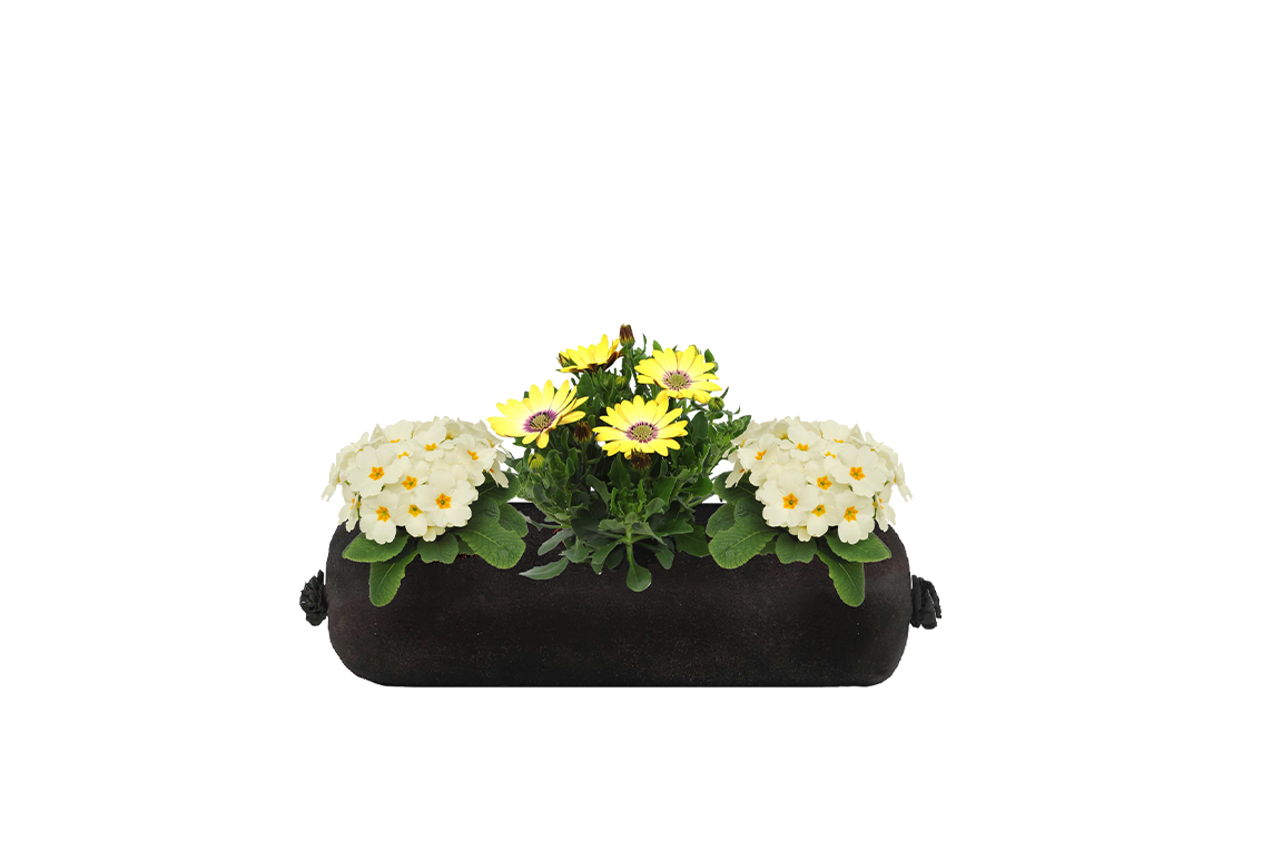 A small black fabric planter refill insert with yellow and white flowers on a white background.