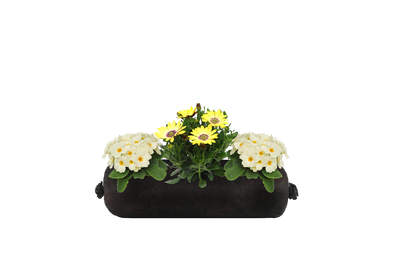 A small black fabric planter refill insert with yellow and white flowers on a white background.