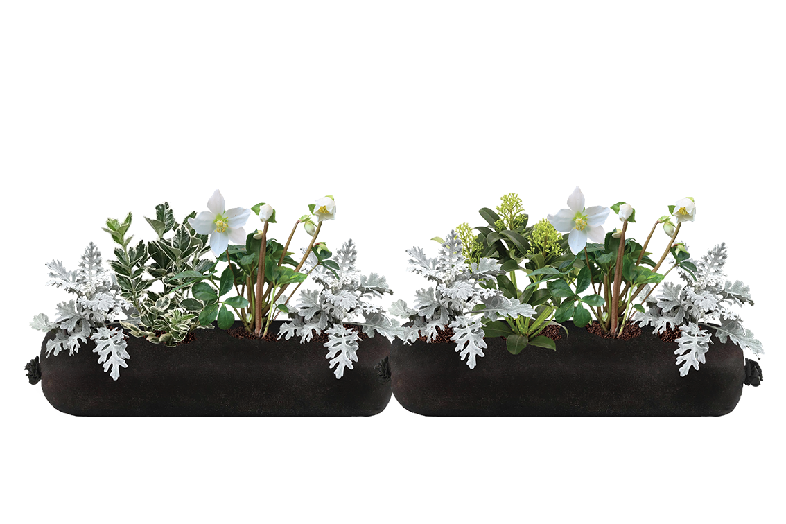 Two black rectangular planters with artificial plants on a white background