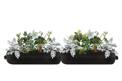 Two black rectangular planters with artificial plants on a white background