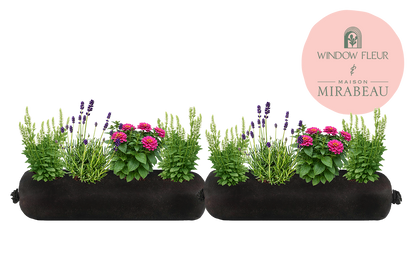 Two black window boxes with plants and flowers, featuring the Maison Mirabeau logo.