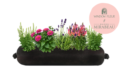 Black cylindrical planter with flowers and plants, featuring the Maison Mirabeau logo.