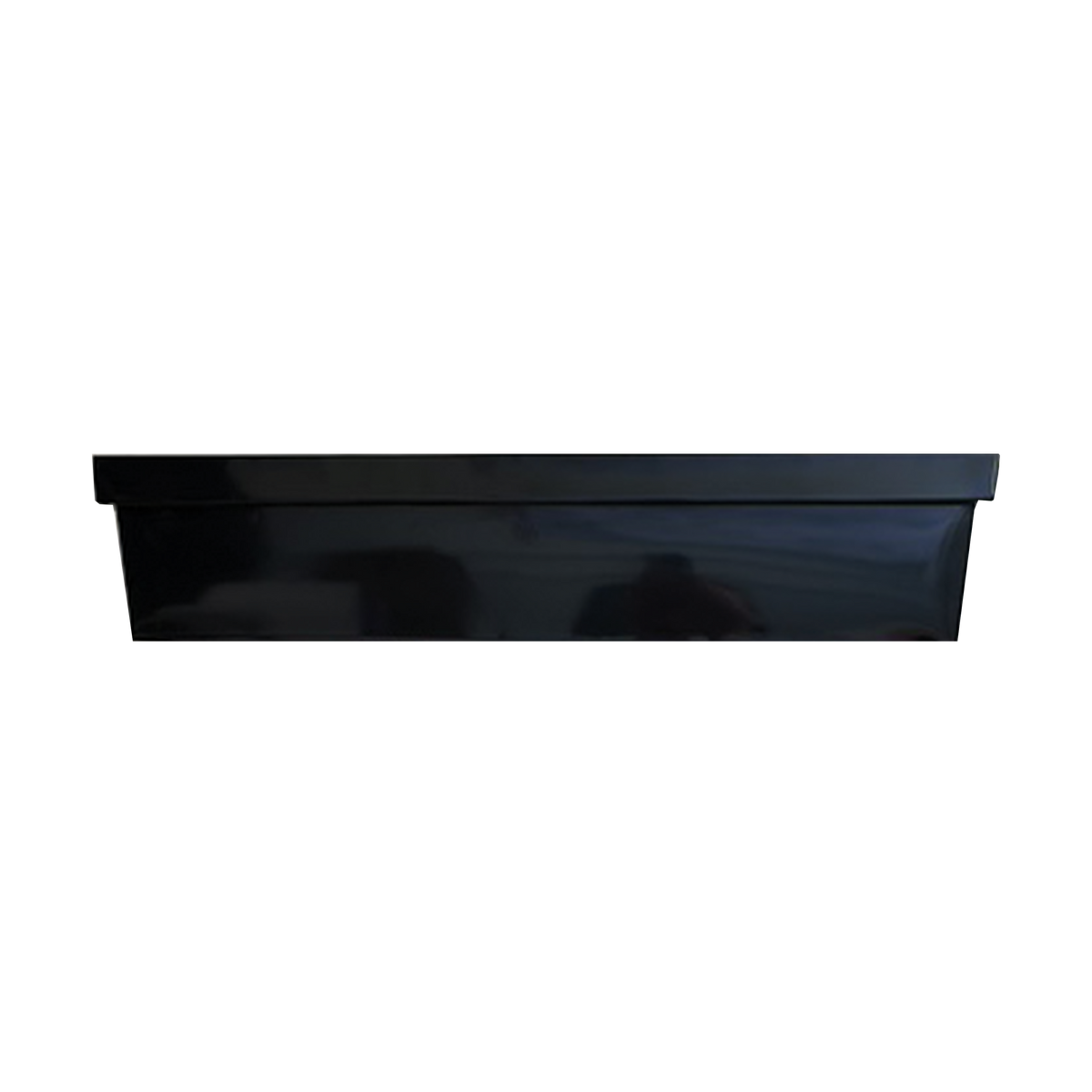 A large long rectangle black metal window box planter for plants.