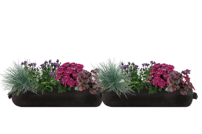 Two black rectangular planters filled with pink and green plants on a white background