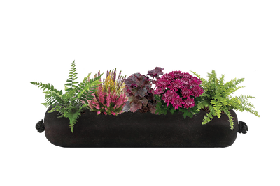Black fabric planter with assorted plants on a white background