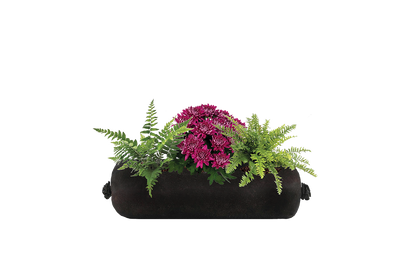 Black cylindrical planter with green ferns and pink flowers on a white background