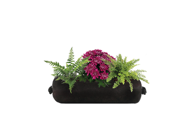 Black cylindrical planter with green ferns and pink flowers on a white background