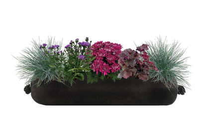 Rectangular planter with flowers and grasses on a white background